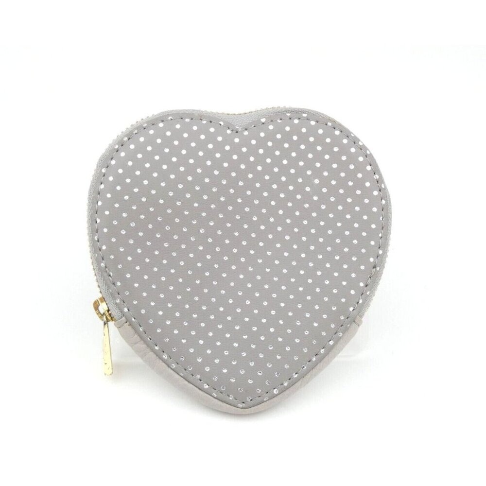 Fossil Gray Heart Silver Dots Leather Zip Coin‎ Purse